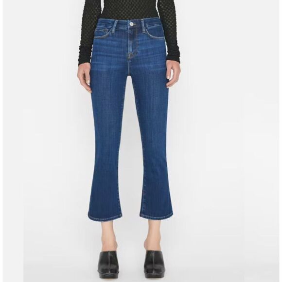 FRAME Le Crop Mini Boot Jeans Dark Whisker Wash Raw Hem Size 25 - Picture 1 of 14